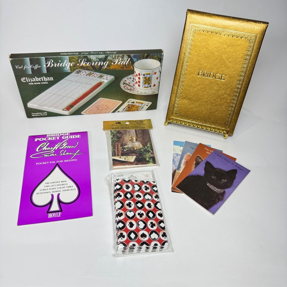 Vintage Bridge Set Queen's China Scoring Pad Hoyle Pocket Guide Tallies Lot